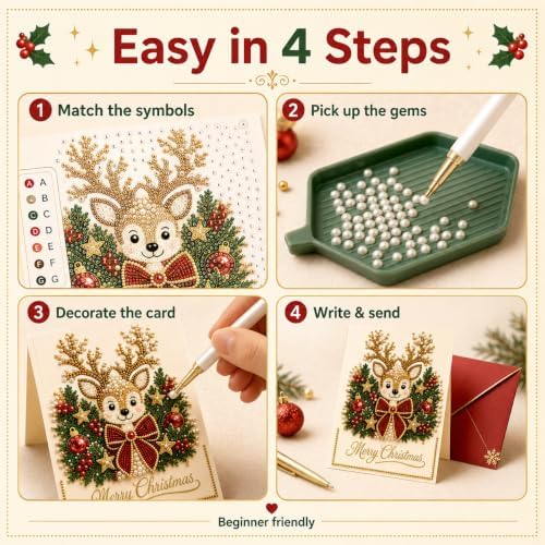 6 Pcs Diamond Art Christmas Ornaments, DIY Pearl Art Kits for Adults with Greeting Cards & Envelopes, 3D Rhinestone Painting Craft for Holiday Gift Making, Christmas Card Decorating Kit - Image 5