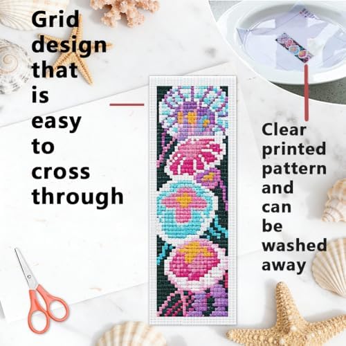 INFUNLY 6PCS Jellyfish Cross Stitch Bookmark Kit for Adults 3''×8.5'' Flowers Stamped Embroidery Bookmark Kits with Fantasy Jellyfish Needlepoint Bookmark Kit with Instruction for Book Lovers Readers - Image 3