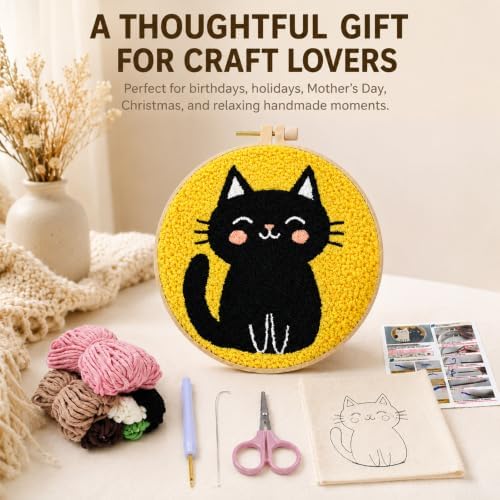 Punch Needle Kit for Beginners, DIY Black Cat Craft with Embroidery Hoop - Image 6