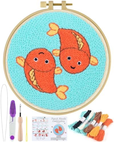 ERKOON Punch Needle Kit Beginners Adults, Zodiac Easy Embroidery Set for Starter Art Craft, Needling Punching Project with Patterns, Tools, Yarns, Hoop, Instruction (Pisces) by ERKOON