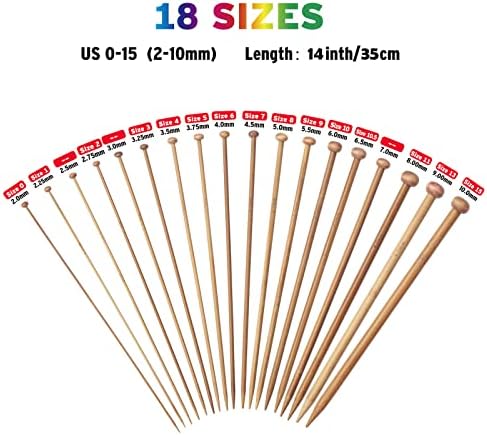 Bamboo Knitting Needles Set, Wooden Knitting Needles for Beginners, 18 Pairs US Size 0-15 (2.0-10.0mm) 14 Inch Long Straight Wood Knit Needle Single Point for Sweaters, Socks, Shawl and Scarf - Image 2
