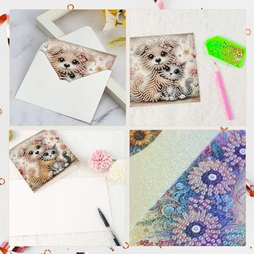 6 Pcs 5D Diamond Painting Greeting Cards Kits, Handmade Festival Greeting Cards with Envelopes DIY Diamond Art Crafts Birthday Cards Laser Effect for Birthdays Holidays Celebrations (Cat Dog Cuddling) - Image 7