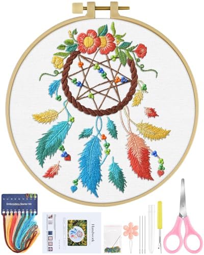 ERKOON Embroidery Kit for Beginners, Flower Cross Stitch Set for Include Embroidery Cloth Hoops Threads for Craft Lover Hand Stitch with Embroidery Skill Techniques (Dreamcatcher) by ERKOON