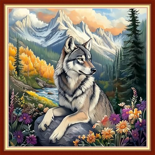 Redxing Stamped Cross Stitch Kits Embroidery kit for Beginners Adults Full Range of Embroidery Patterns Starter Kits DIY Printed Cross Stitch Kits Needlepoint Kits 11CT-Wolf MountainRivers 18x18 inchs by RedxingStampedCrossStitchK