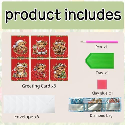 jinglinhh 6pcs Diamond Art Painting Christmas Cow Yak Greeting Cards with Envelopes, DIY Card Making Kits for Adults, Diamond Art Christmas Cards for Birthday Holiday Postcards - Image 3