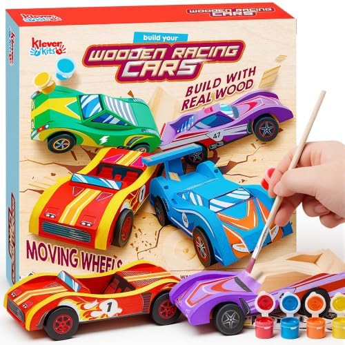 Klever Kits 4 DIY Wooden Race Cars-Build & Paint Your Own Wood Craft Kit, 4 Race Cars Toy, Easy to Assemble Arts Crafts Kit, Birthday Party Presents for Kids Boys and Girls by KleverKits