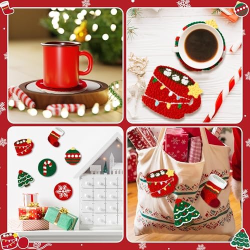 WATINC Christmas Punch Needle Coaster Kit - 23Pcs Easy Art Work Decor Craft Supply for Beginners, DIY Set of 6 Unique Pattern Tufted Pads with Adhesive Felt Yarn Tools Coaster Holder Instruction (Red) - Image 6