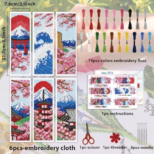 ACRNIGHEET 6PCS Stamped Cross Stitch Bookmark Kit for Beginners Japanese - Image 2