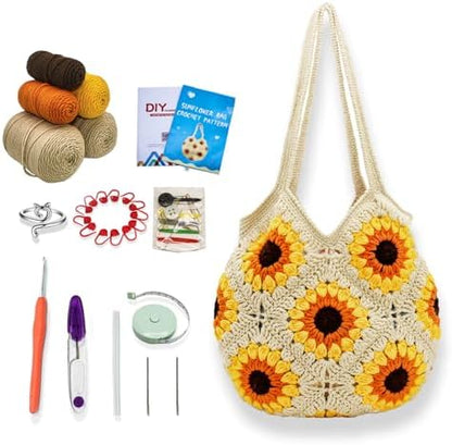 Anbaagsky Crochet kit for Beginners Sunflower Tote Bag Granny Square Crochet Tote Bag with Step-by-Step Video Tutorials Knitting Kit Beginner Crochet Kit for Adults by Anbaagsky