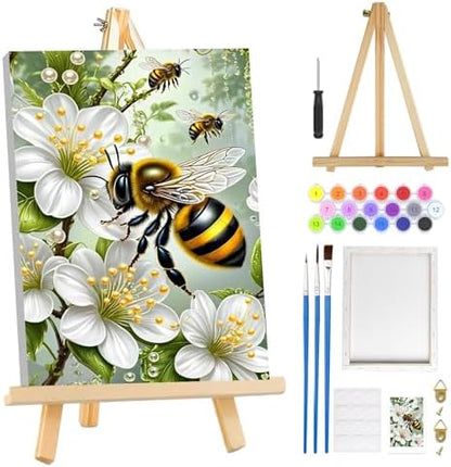 MOGTAA Paint by Numbers Kit for Adults with Frame, Bees Paint by Number Canvas, Flowers Landscape Paint by Numbers with Easel, DIY Animal Oil Painting Kit for Home Wall Decor 8 x 12 Inch by MOGTAADIYHomeDecor