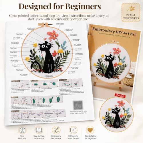 Thinas Embroidery Kit for Beginners Adults, 3 Pack Stamped Cat Cross Stitch Starter Set with Patterns & Video Tutorial, DIY Sewing Craft Supplies for Cat Lovers, Home Decor Gift Idea - Image 5