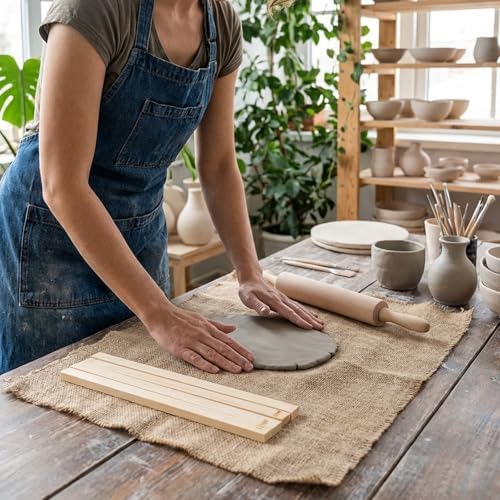 12 Pcs Pottery Tools Set – Wood Rolling Pin, 5-Size Rolling Guides & Linen Tablecloth for Clay Sculpting & Ceramic Projects - Image 4