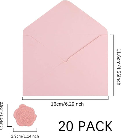 20 Pack Pink Envelopes 4x6 for Invitation, A4 Invitation Envelope with Wax Seal Sticker for Birthday, Weddings, Graduations, Greeting Cards, Baby Shower Invite