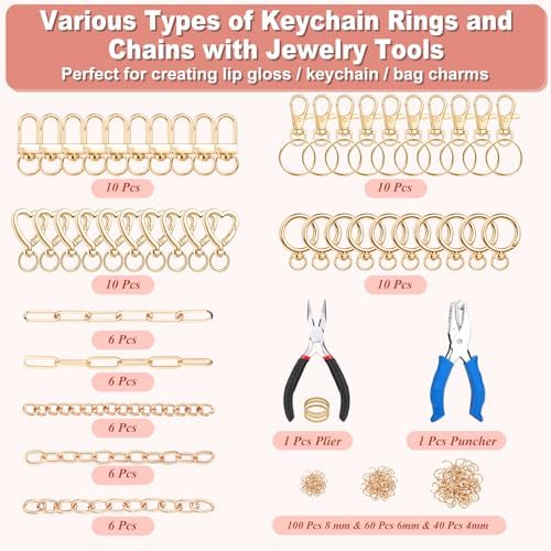 485 Pcs Charms Lip Gloss Keychain Making Kit, DIY Bag Charm Kit Including 40 Key Chain Hooks 30 Extender Chains 212 Gold Charms & Letter 200 Jump Rings 1 Plier and 1 Puncher for Craft Supplies - Image 3