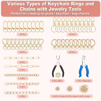 485 Pcs Charms Lip Gloss Keychain Making Kit, DIY Bag Charm Kit Including 40 Key Chain Hooks 30 Extender Chains 212 Gold Charms & Letter 200 Jump Rings 1 Plier and 1 Puncher for Craft Supplies - Image 3