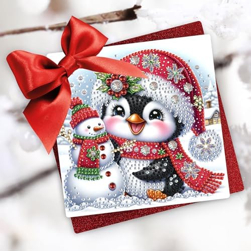 Christmas DIY Diamond Greeting Cards Set, 5D DIY Diamond Art Painting Christmas Style Greeting Card, DIY Christmas Card Making Kits for Family Friends Handmade Gift-#02-Penguin - Image 2