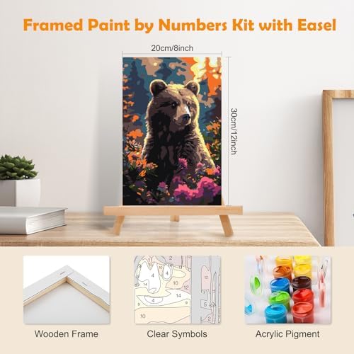 MOGTAA Bear Paint by Numbers Kit for Adults Beginners with Frame, Flowers Adult Paint by Number Kits on Canvas with Easel, Easy DIY Oil Painting Kits for Home Decor, 8x12in - Image 2