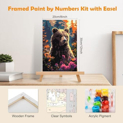 MOGTAA Bear Paint by Numbers Kit for Adults Beginners with Frame, Flowers Adult Paint by Number Kits on Canvas with Easel, Easy DIY Oil Painting Kits for Home Decor, 8x12in - Image 2