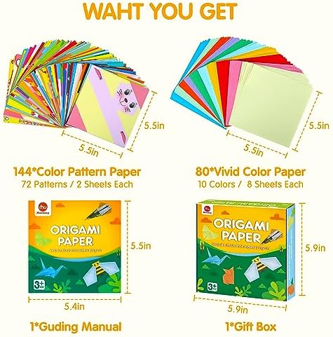 Mocoosy 224 Sheets Origami Paper Kit for Kids Ages 5-8 8-12, Folding Paper Set with Origami Book for Beginners, Art Craft Supplies for Boys Girls 9-12, Travel Game Car Road Trip Activities Toy Gifts - Image 2