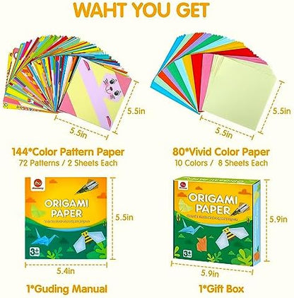 Mocoosy 224 Sheets Origami Paper Kit for Kids Ages 5-8 8-12, Folding Paper Set with Origami Book for Beginners, Art Craft Supplies for Boys Girls 9-12, Travel Game Car Road Trip Activities Toy Gifts - Image 2