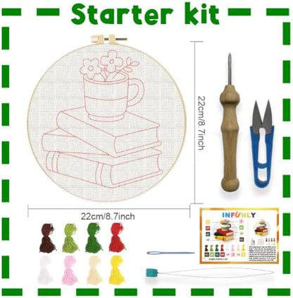 INFUNLY Books Flowers Punch Needle Kit for Beginners Floral Punch Needle Embroidery Kits for Adults 8.7''x8.7'' DIY Punch-Stitching Kit with Instruction Threader Needles Round Hoop for Wall Decor - Image 2