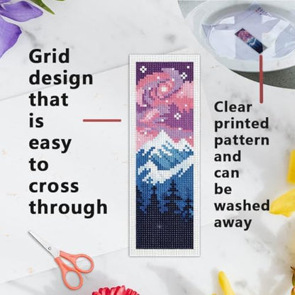 INFUNLY 6 Pack Night Scenery Cross Stitch Bookmark Kit, Dark Mountain Moon Sky Landscape, Stamped Pre-Printed Embroidery Set for Adults Beginners, DIY Craft Gift - Image 4
