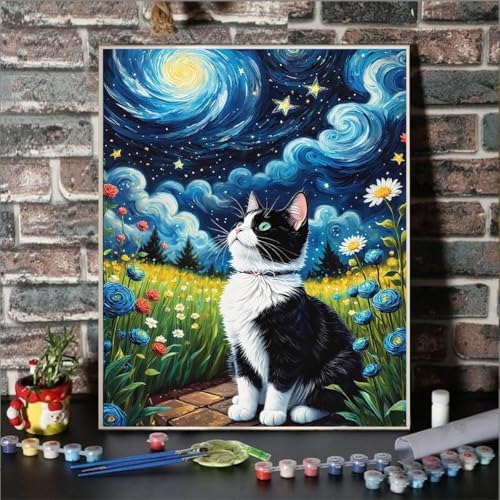 Lovepefe Starry Night Paint by Numbers Kit for Adults Beginner Cat Oil Painting Kit Adult Paint by Number Kits on Canvas DIY Painting for Beginners Art by Numbers for Gifts Home Wall Decor 16x20 Inch - Image 2