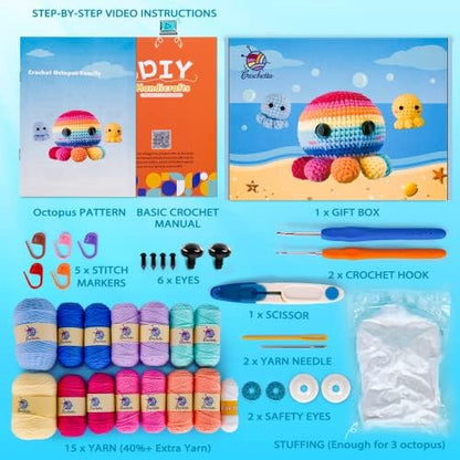 Crochetta Crochet Kit for Beginners, Crochet Kit Step-by-Step Video Tutorials, Crochet Starter Kit Learn to Crochet Kits for Adults Kids Beginners, Jumbo 3 Colorful Octopus Familly (40%+ Yarn Content) - Image 6