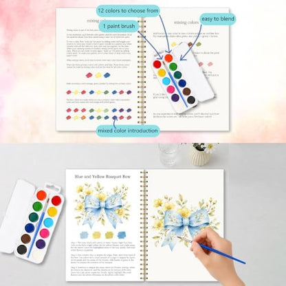 Floral Bow Watercolor Book, Easy Painting Workbook with Palette and Brush - Image 4