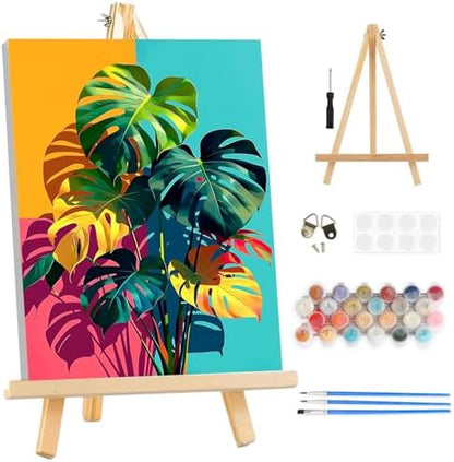 TOSTOG Monstera deliciosa Framed Canvas Paint by Numbers Art Kit for Adults and Kids, Beginner Acrylic Oil Painting Supplies with Wooden Frame for Home Wall Decor 20 * 30 cm/8 * 11.8 in by TOSTOG