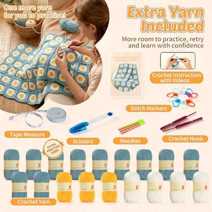Fitsu Crochet Kit for Beginners, Daisy Granny Square Blanket Crochet Starter Kit with Yarn, Hooks, Step-by-Step Book & Video Tutorials, Easy Learn-to-Crochet Gift Set for Adults and Beginners - Image 2