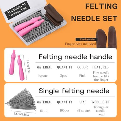 QMNNMA Needle Felting Needles, 100Pcs Wool Felting Needles, Needle Felting Tools Set with 2 Single Wooden Handle Storage Box Fingercots for Wool Projects(M) - Image 2