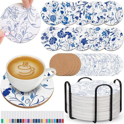 Reallnaive 45 Pcs Blue Flower Wooden Coasters Painting Kit, 4 Inch Paint Your Own Boho Coasters with Markers, Arts and Crafts for Adults Women Seniors Elderly Crafters Gifts by Reallnaive