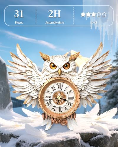3D Wooden Puzzles for Adults Snowy Owl Design Clock Model Kit with Pendulum - Image 6