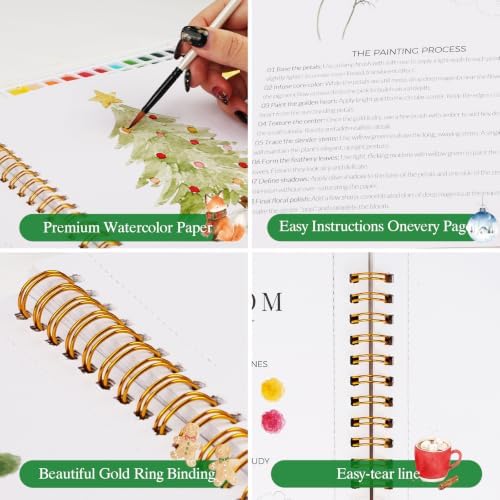 Watercolor Workbook for Beginners,18 Vintage Christmas Water Coloring Book,Relaxing & Easy to Paint Water Coloring Book with 24 Colors-Perfect for Gifting to Creativity & Joy for Adults - Image 4
