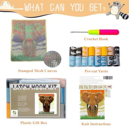 Elephant Latch Hook Kits for Adults Beginners, Pre-Printed 15“ X 20" - Image 2