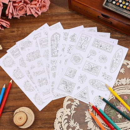 9 Sheets 100+ Pcs Coloring Book for Women, Coloring Stickers for Adult, Color Letter Flowers Butterfly Inspirational Quote Sticker Scrapbook Stickers for Women,Fun Coloring Activities - Image 6