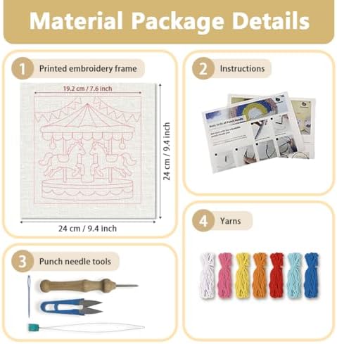 Doodlream Color Carousel Horses Needle Kit for Beginner, 9.4"x 9.4" Amusement Park Punch Stitching Craft Set, DIY Embroidery Starter with Printed Frame, Instruction, Threader, Yarn, Pinch Needle - Image 2