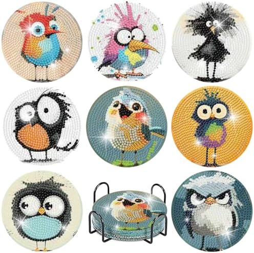 8 Pcs Retro Birds Diamond Art Coasters Kits for Adults with Holder, Cute and Funny Bird Pattern Wooden Diamond Painting Coasters Kits, DIY Diamond Dots Art Painting Coaster Crafts Kit for Home Decor by Fotasmua