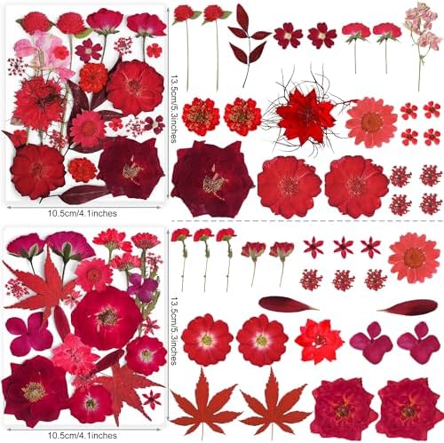 150PCS Red Dried Pressed Flowers with Butterfly Stickers - YouthBro Real Nature Flowers Herb Set for Resin DIY Jewelry Candle Soap Vase Making Nail Card Scrapbook Art Craft Floral Decors - Image 3