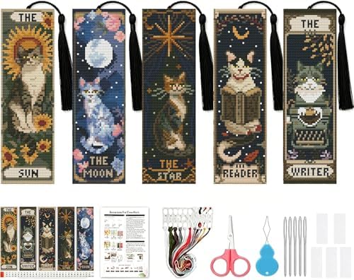 NEGEKFKX 5 Pcs Tarot Cat Cross Stitch Bookmark Kit for Adult Beginners by NEGEKFKX