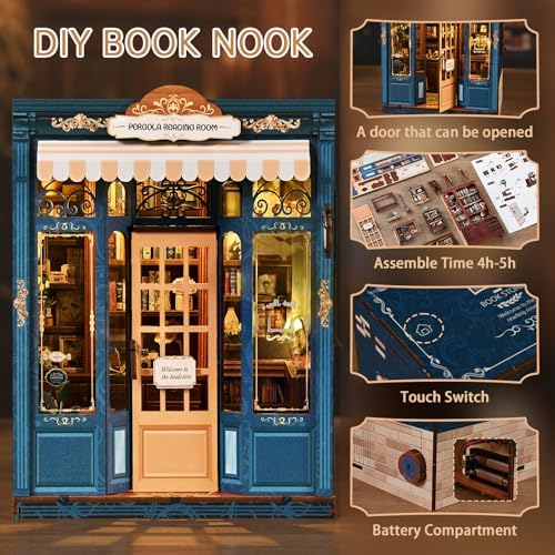 Book Nook Kit, DIY Miniature House Kit for Adults & Teens, Vintage Bookstore Scene Bookshelf Insert Decor with LED, 3D Wooden Puzzle Gift for Book Lovers (Pergola Reading Room) - Image 3