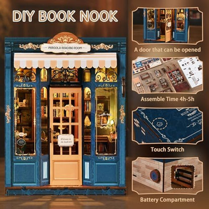 Book Nook Kit, DIY Miniature House Kit for Adults & Teens, Vintage Bookstore Scene Bookshelf Insert Decor with LED, 3D Wooden Puzzle Gift for Book Lovers (Pergola Reading Room) - Image 3