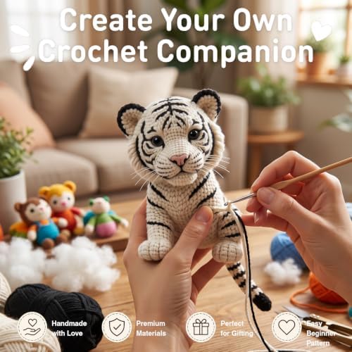 FACE N FACE DIY Crochet White Tiger Kit for Beginners – Amigurumi Tiger Cub Stuffed Animal Knitting Kit with Yarn, Hook & Step-by-Step Instructions – Easy Beginner Crochet Animal Craft for Adults - Image 6
