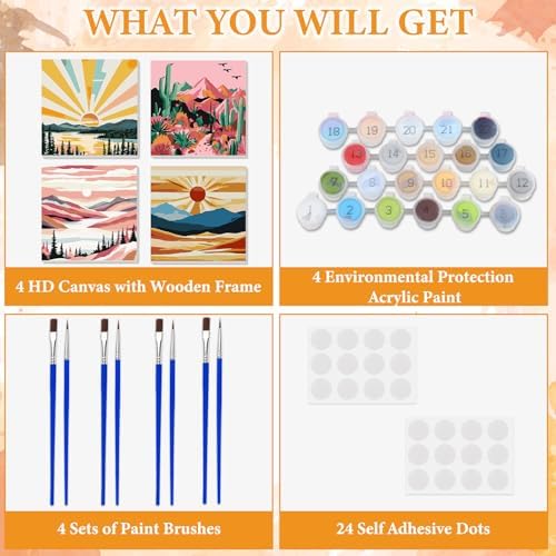 NAIMOER 4 Pack Sunset Paint by Numbers Kits for Adults Beginner with Wooden Framed, Color by Numbers on Canvas Painting Kits for Adults, Easy Paint DIY Acrylic for Home Wall Decor 8X8 Inch - Image 4