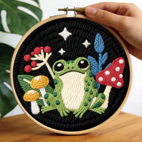 BEUNITONE 2PCS Punch Needle Kit for Adults Beginners, Frog Mushroom Needlepoint Crafts Kit for Adults, Complete Embroidery Starter Kit with Pre-Print Pattern and Hoop for Home Decor 7.9"x7.9" - Image 5