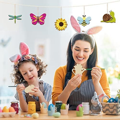 80PCS Wooden Spring Ornaments to Paint, 8 Styles DIY Blank Unfinished Wood Cutouts Ornament for Home Crafts Hanging Decorations, Insect Dragonfly Butterfly Snail Watering Can Mushroom Flower Shape - Image 5