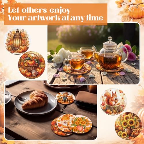 Reallnaive 45 Pcs Fall Wooden Coasters Painting Kit, 10 Autumn Gnome Pumpkins Sunflower Truck Coaster Arts and Crafts Fall Gift for Adults Ornament Home Office Decor - Image 5