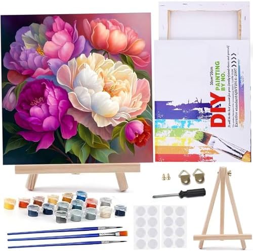 MaiMMaledy Paint by Numbers Kit for Adults Beginners with Framed Canvas Pictures Drawing Painting Acrylic Pigment with Wooden Triangle Easel 10Lx10W inch Peony by MaiMMaledy