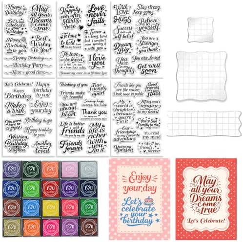 6 Pcs Greeting Words Clear Stamps for Card Making 20 Ink Pad by GLASSWINDS